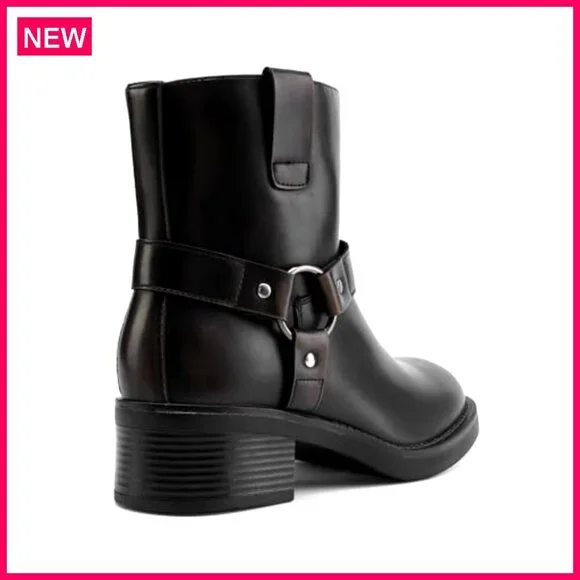 Women's Ankle Booties Motorcycle Boots Chunky Heel Side Zipper Buckles - Picture 5 of 8